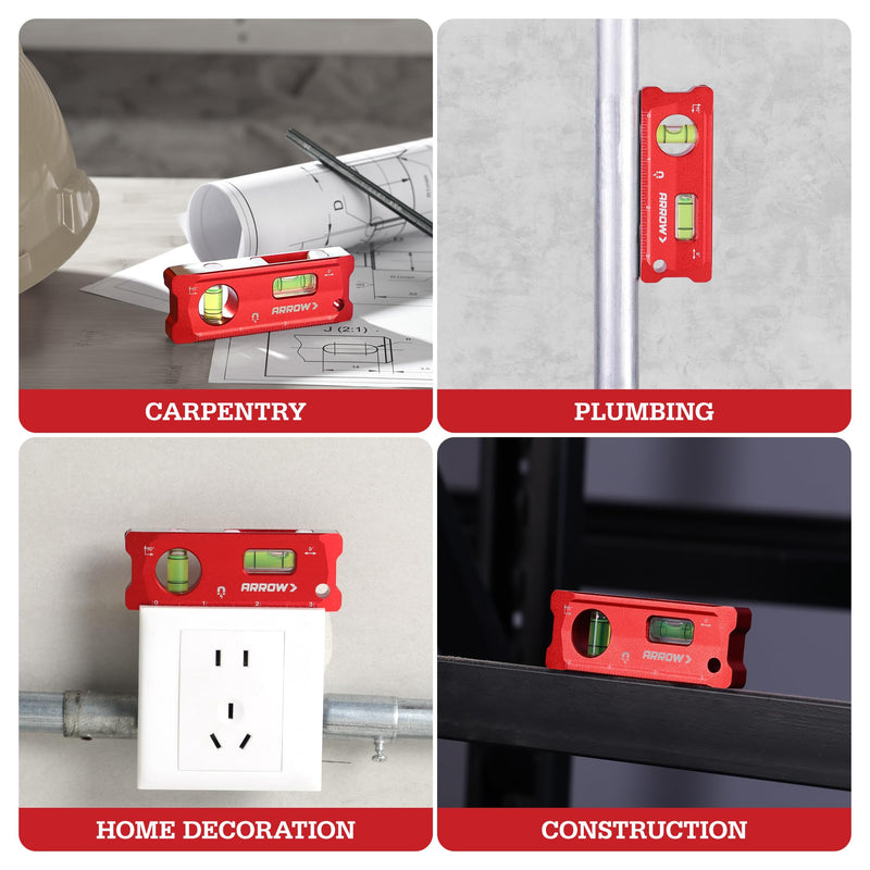 ARROW 4-Inch Torpedo Level, Small Magnetic Leveler Tool with 0°/90° Bubbles, Top-view Window, Aluminium Alloy Frame, Dual SAE and Metric Scales 4 inch