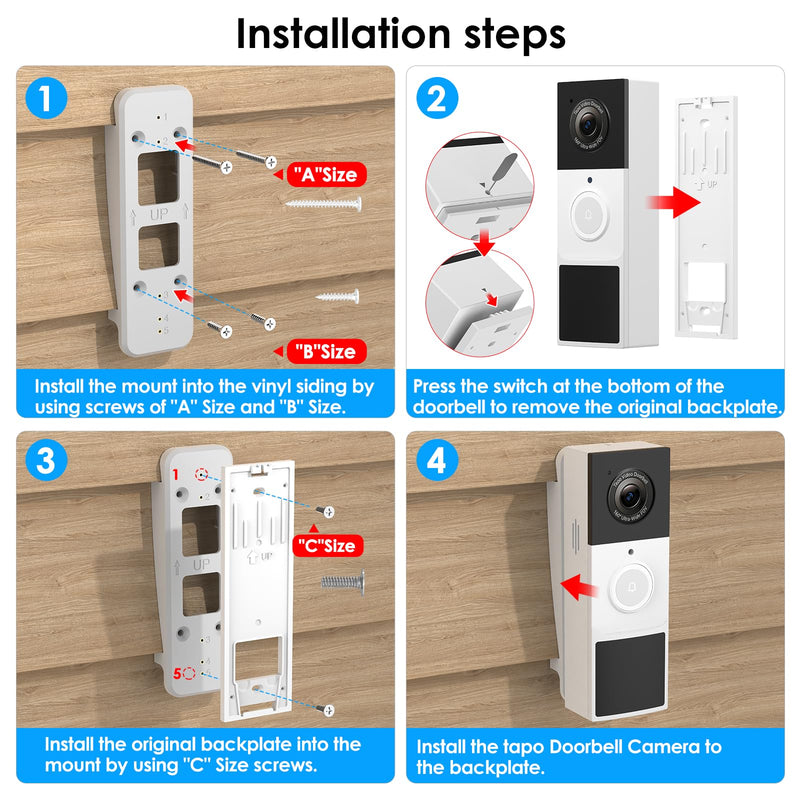 Vinyl Siding Mount for Tapo Doorbell Camera D210/D225, Adjustable Angle Doorbell Wedge Corner Mounting Bracket Kit, Doorbell Camera Mount Solve Siding Tilt Problem (4" Standard Vinyl Siding Only)