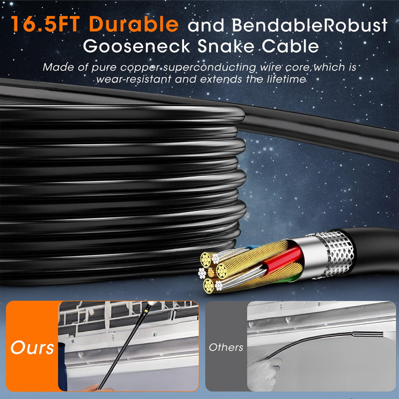 Endoscope Camera with Light, 5" IPS 1920P HD Borescope with Triple Lens, Inspection Borescope with 16.4FT Semi-Rigid Snake Cable and 32GB Card, IP67 Waterproof Drain Camera for Sewer/Pipe/Automotive