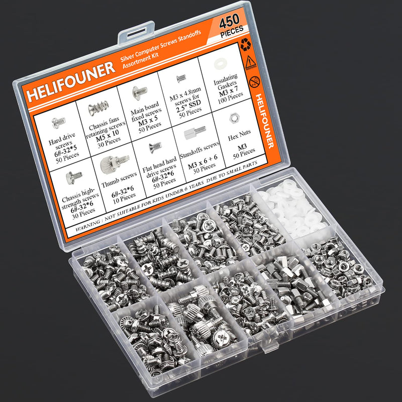 450 Pieces Computer Standoffs Screws Assortment Kit for 2.5" SSD, Hard Drive, Computer Case, Motherboard, Fan Power Graphics with Screwdriver, Silver