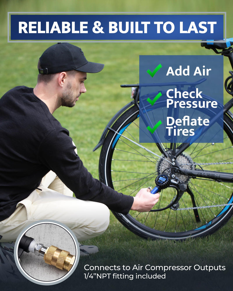 Presta Valve Air Chuck – Digital Bike Tire Inflator with Pressure Gauge – Schrader to Presta Valve Adapter for Air Compressor Blue (Classic Style)