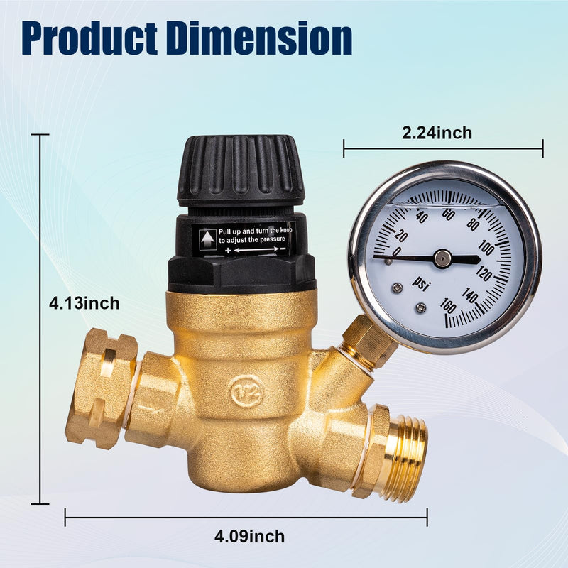 RV Water Pressure Regulator Valve for Camper, Regulate Valves with Strainer, Made of Leadless Brass, RV Water Pressure Regulator with Pressure Gauge