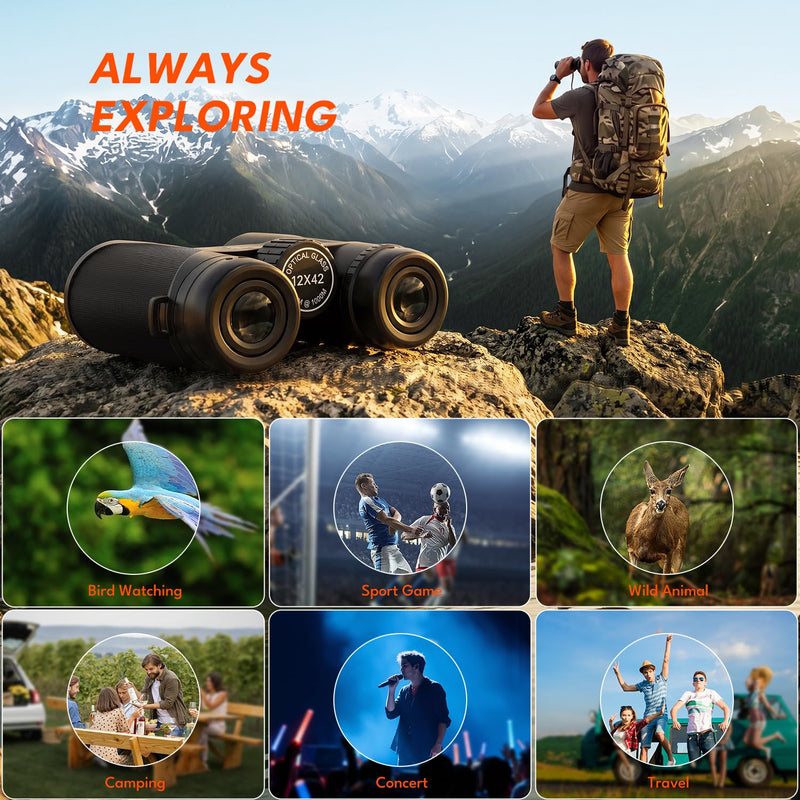 12x42 HD Binoculars for Adults & Kids High Powered Compact Binoculars with Low Light Night Vision for Bird Watching, Hunting, Cruise Travel, Camping, Hiking and Outdoor Sports, Gifts for Men
