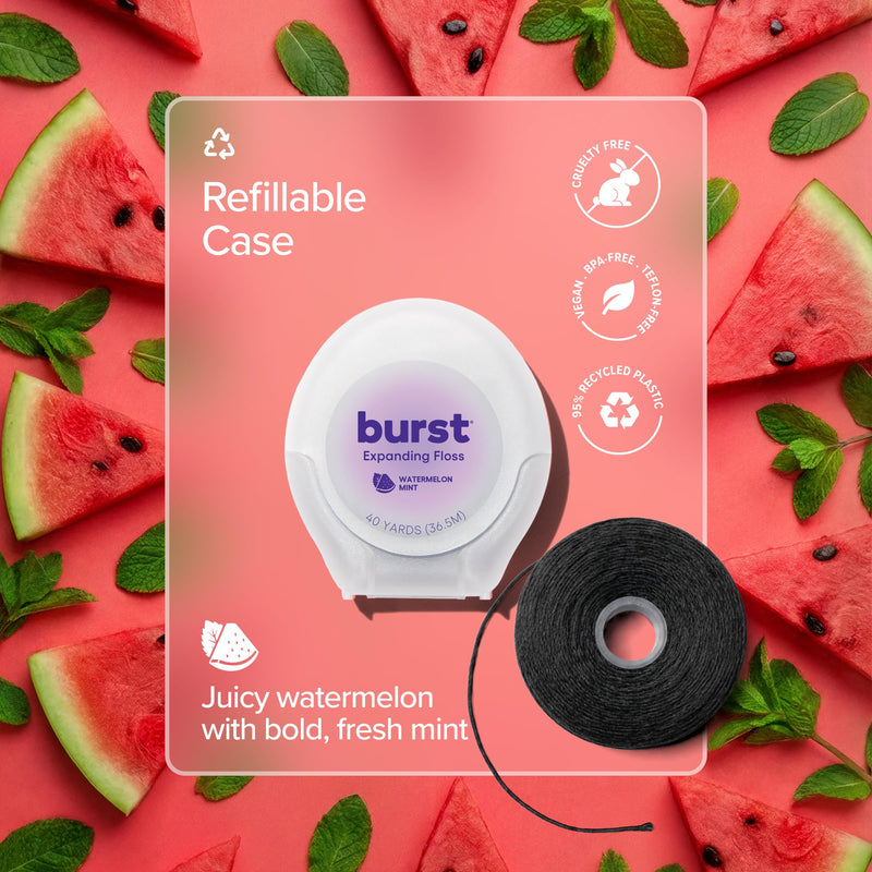 BURST Expanding Dental Floss (Watermelon Mint/240 Yards) | Stain Absorbing & Woven Teeth Floss with Xylitol Coating to Fight Cavities | Vegan | Paraben Free Expanding Floss 720 Foot (Pack of 1)