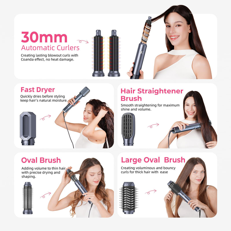 Mogawave Airbrush 6 in 1 Multi Styler Air Styler 6 in 1 Hair Stylers with Magic Styler, Blow Dry Hair Brush, Air Curler, for Drying and Styling Straightening Volumizing Curling Sleeking Gray