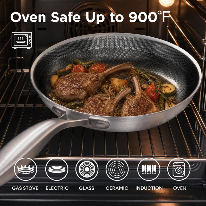 COOKER KING 8-Inch Stainless Steel Pan, Hybrid Nonstick Frying Pan – 3-Ply Clad Cookware, Healthy & Non-Toxic, Dishwasher & Oven Safe, Stay-Cool Handle, Induction Compatible – Metal Utensil Safe 8 Inch