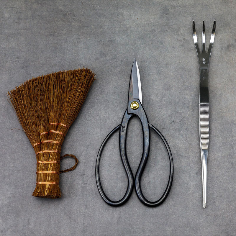 Wazakura Japanese Bonsai Garden 3PCS Tool Starter Kit, Made in Japan, Traditional Bonsai Scissors, Stainless Tweezers with Rake, Chinese Broom. Beginner Set wit Tweezers, Shears and Brush 3PCS Bonsai Set with Bonsai Scissors