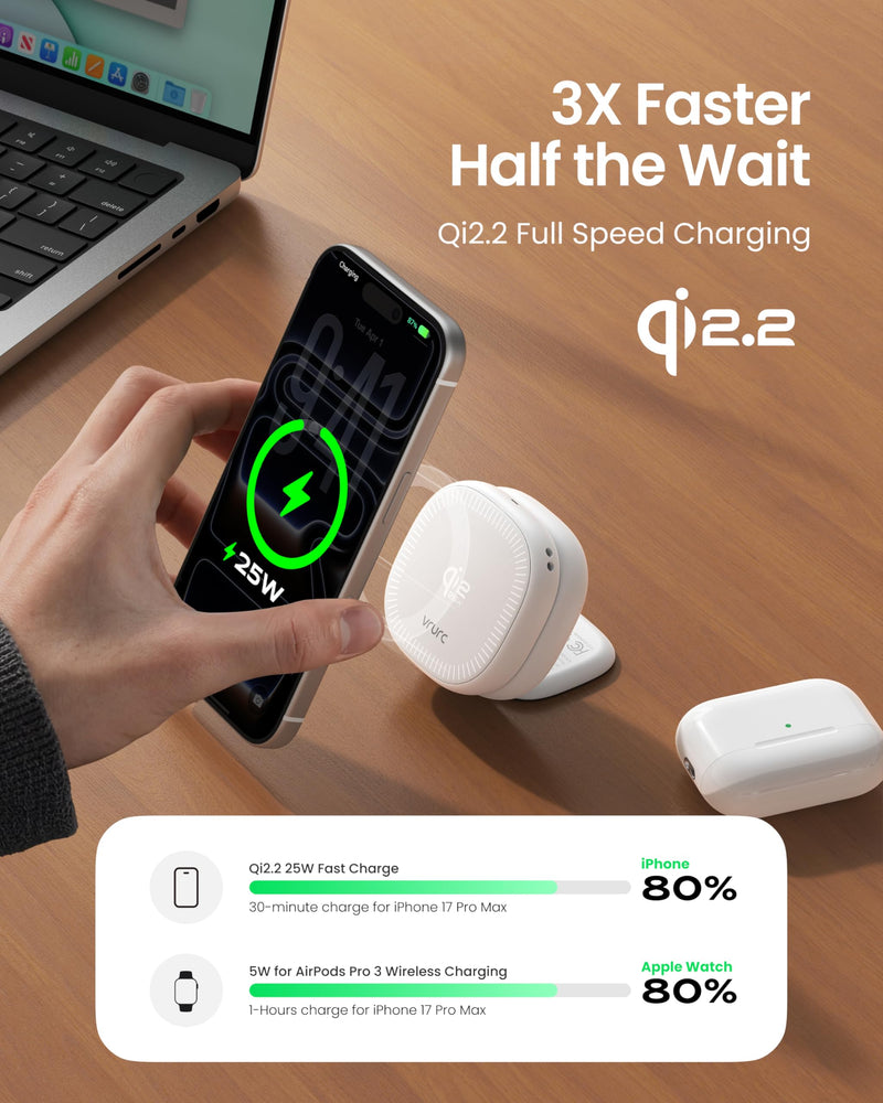 VRURC 3 in 1 Charging Station for Apple,Qi2.2 25W Wireless Charger Dock | Includes 45W Power Adapter, Palm-Sized Foldable Travel Charger for iPhone 17/16/15/14/13, iWatch, AirPods — White (1 Pack)