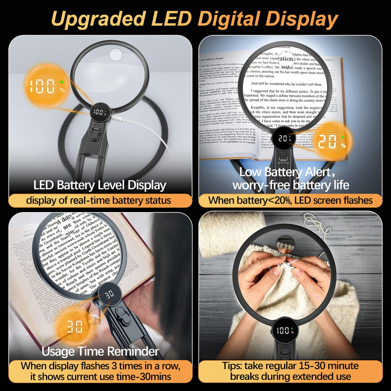Hands Free Magnifying Glass with Light, 2500mAh Flat Strap Neck Magnifier with LED Display & 3 Color Light, 5X 15X Lighted Magnifying Glasses for Crafts Cross Stitch Sewing Reading, Low Vision Seniors