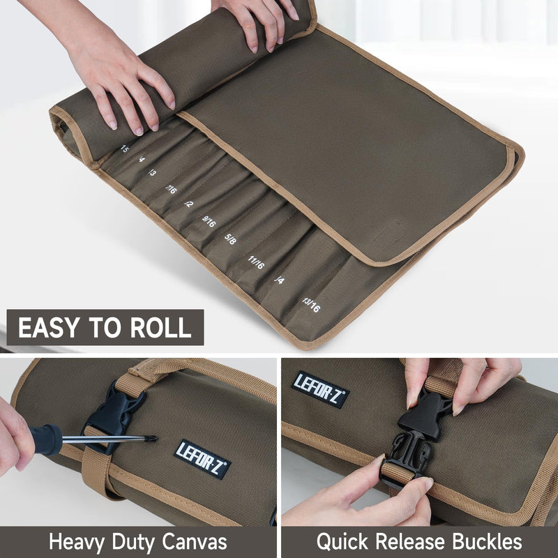 Wrench Roll Organizer,Wrench Roll Up Pouch with 23+1 Pockets,Heavy Duty Tool Roll for Metric & SAE Wrenches,Large Wrench Holder Organizer Bag for Men,Mechanics,Gifts for Men Dad(Olive Green) NO Tools Olive Green