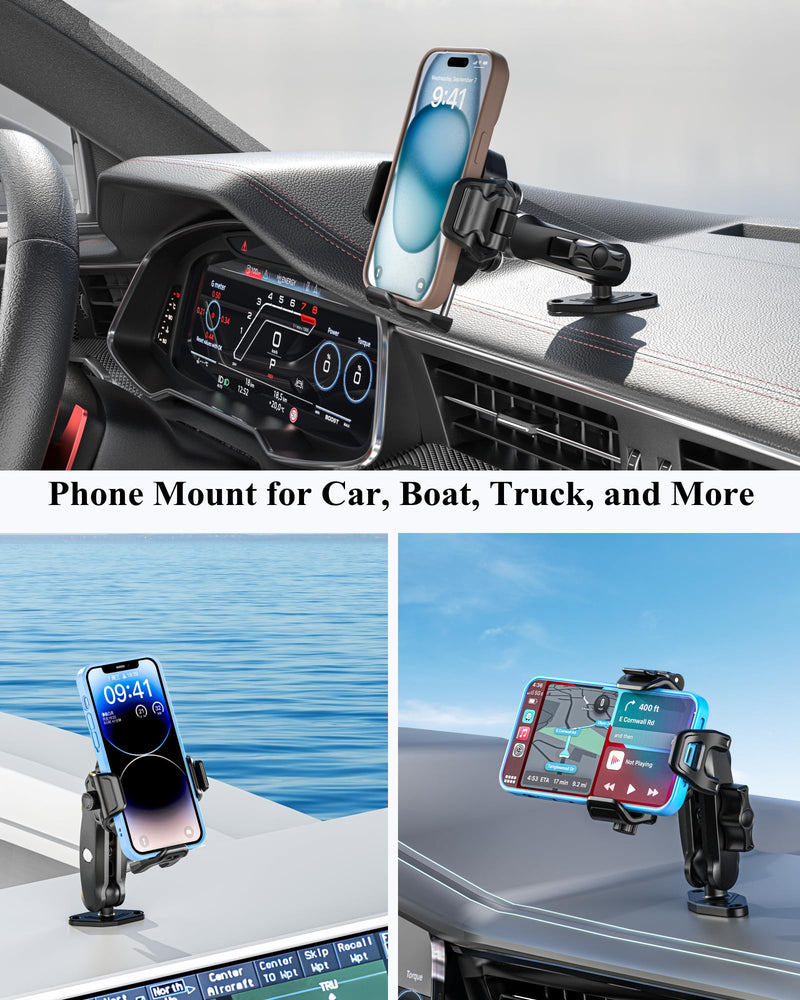 BRCOVAN Anti-Theft Phone Mount Holder with Vibration Dampener, 1s Locking | Don't Block Camera, with Aluminum Diamond Base & Medium Arm, for Car Boat Truck Motorcycle UTV, Fit 5.4-7.2'' Smartphones