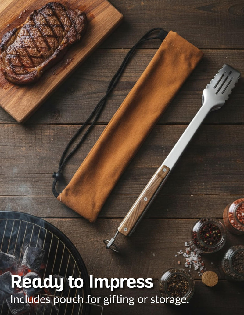 17-Inch Grill Tongs for Outdoor Grilling - Heavy Duty Stainless Steel Tongs with Luxurious Walnut Grip & Premium Gift Pouch - Extra Long BBQ Tongs for Grilling, Smoker & Outdoor Cooking