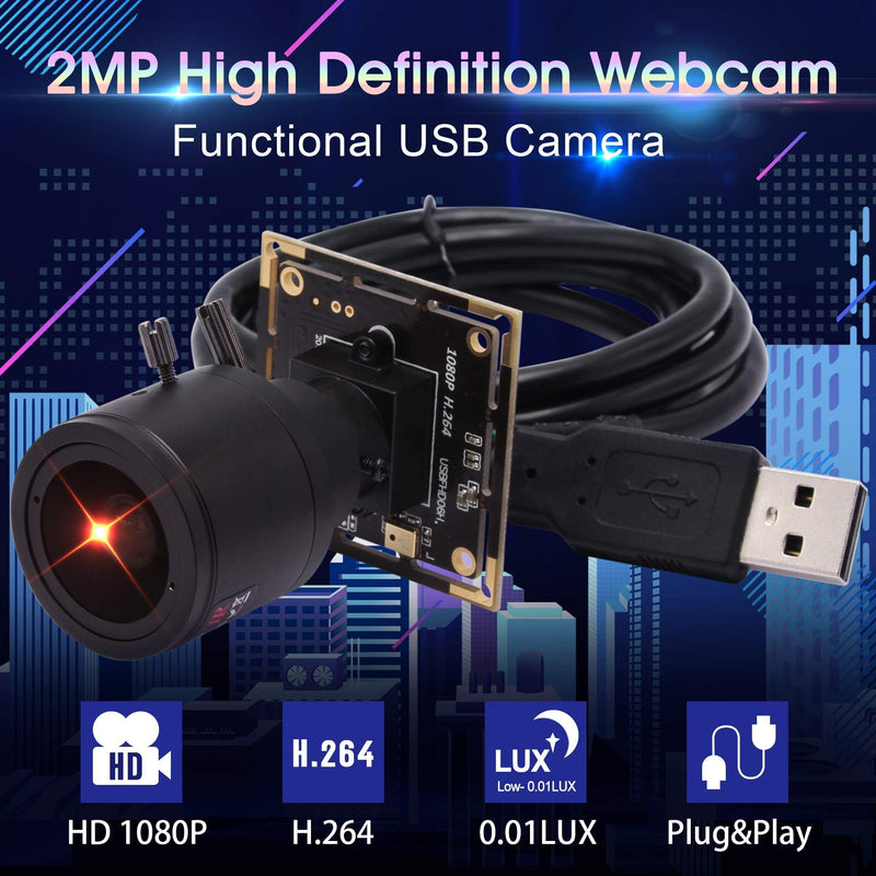 1080P USB Camera Module, 0.01Lux Low Light Camera with 2.8-12mm Varifocal Lens H.264 2MP CMOS IMX323 UVC Industrial Webcam Board for Window Linux Android Mac OS