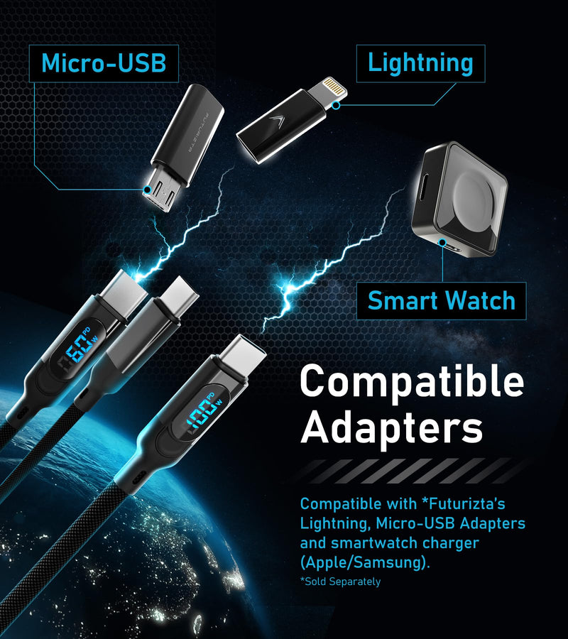 Futurizta Tech® Hydra 3‑in‑1 Triple USB‑C 100 W PD Fast‑Charge Multi Cable with Smart Triboost® – Charge Laptop, Phone & Tablet Simultaneously hydra-1.5m