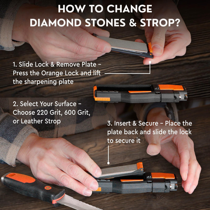 8-in-1 Pocket Field Knife Sharpener – Guided Diamond Whetstones, Diamond Rod, Leather Strop, 2 Sharpening Slots, Fire-Starter Ferro Rod & Whistle – Outdoor, Yard, Camping by Orange Ninja
