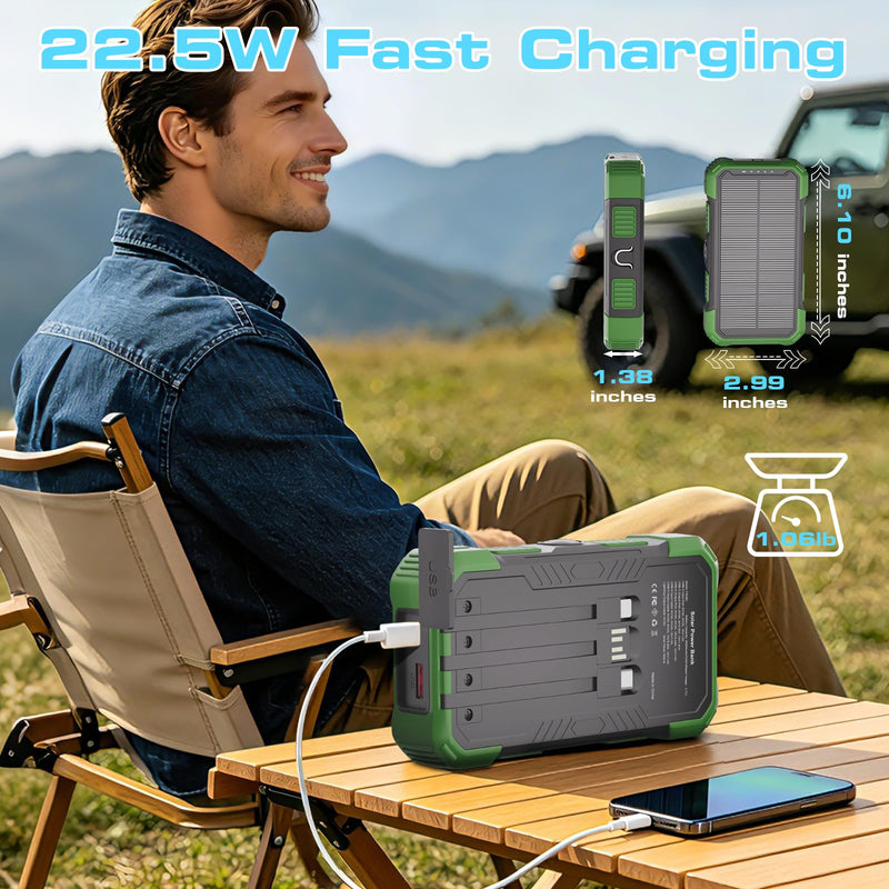 Solar Charger Power Bank 20000mAh, 22.5W Fast Charging Portable Charger with Built-in Cables, USB-C Battery Pack, Dual LED Flashlight, Compatible with iPhone & Android for Camping, Hiking, Emergency Green