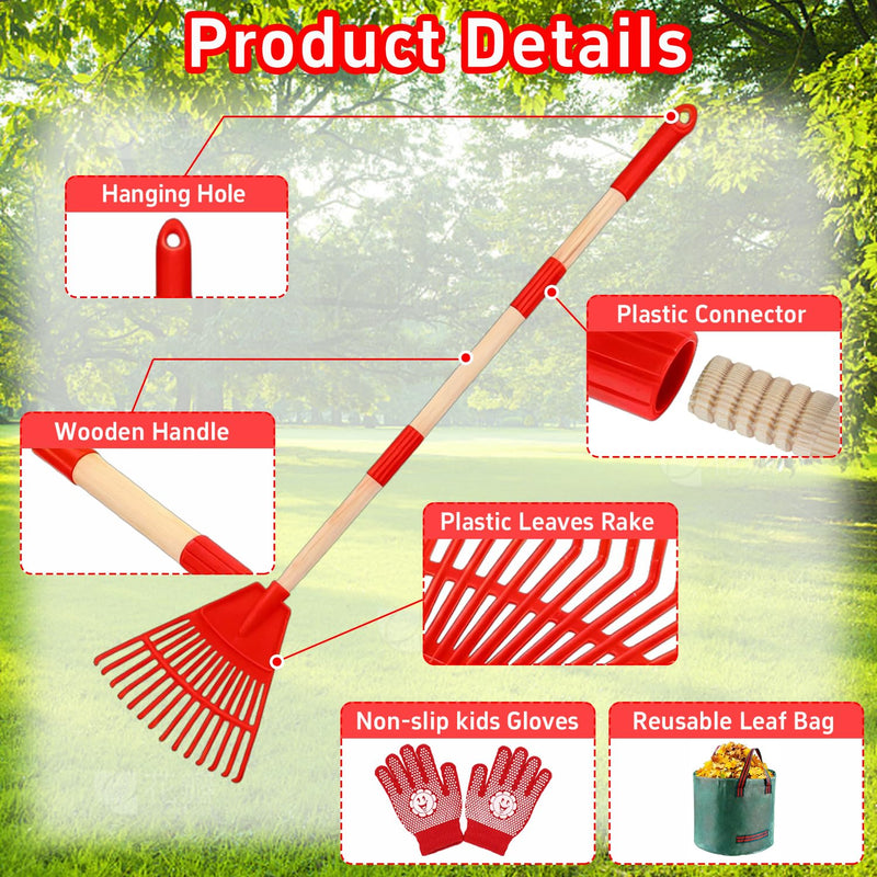 2 Pack Kids Adjustable Leaf Rake Set – 28" to 34" with Detachable Wooden Handles, Lightweight Plastic Head, Designed for Kids, Includes 2 Pairs of Gloves & Leaf Bag (Red/Blue) Red and blue