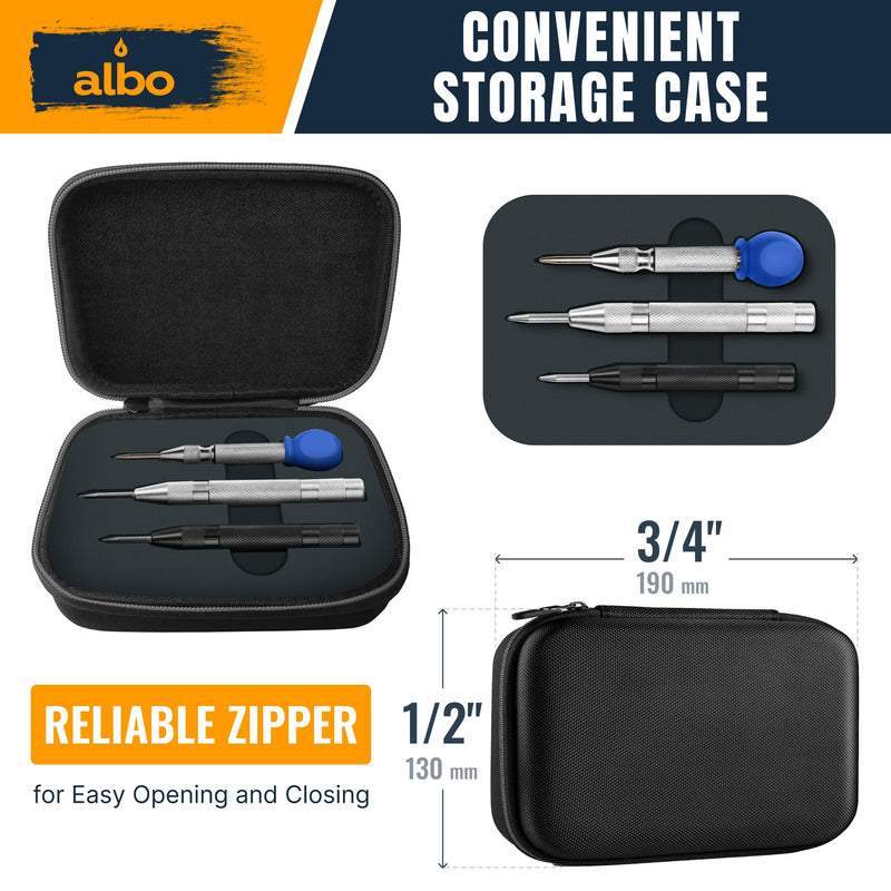 ALBO Automatic Center Punch Set – 3 Heavy Duty Spring Loaded Punch Tools for Metal, Wood, Steel – Precision Tips, Galvanized & Blackened Options, Storage Box – Ideal for DIY, Workshop & Professionals Set 5'' with cap, 5'', 6''