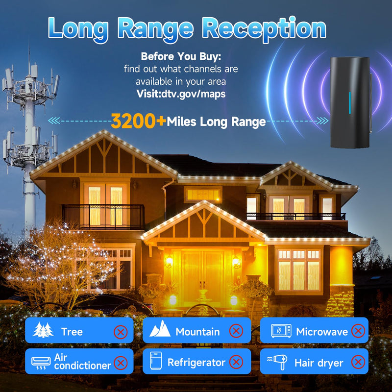2026 TV Antenna Indoor, 3200+ Miles Range Digital Antenna for Smart TV Indoor/Outdoor, Long Range HDTV Antenna for Local Channels with Amplifier-Supports 8K, 4K, 1080P-38FT Coax Cable Black