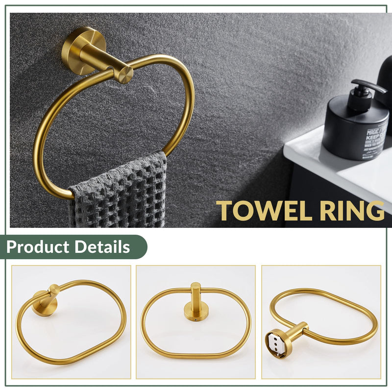 APLusee 2 Pieces Bathroom Hardware Set Brushed Gold, Contemporary 304 Stainless Steel Storage Accessories Kit with Oval Hand Towel Ring, Toilet Paper Holder Wall Mounted Brushed Gold Oval Shape