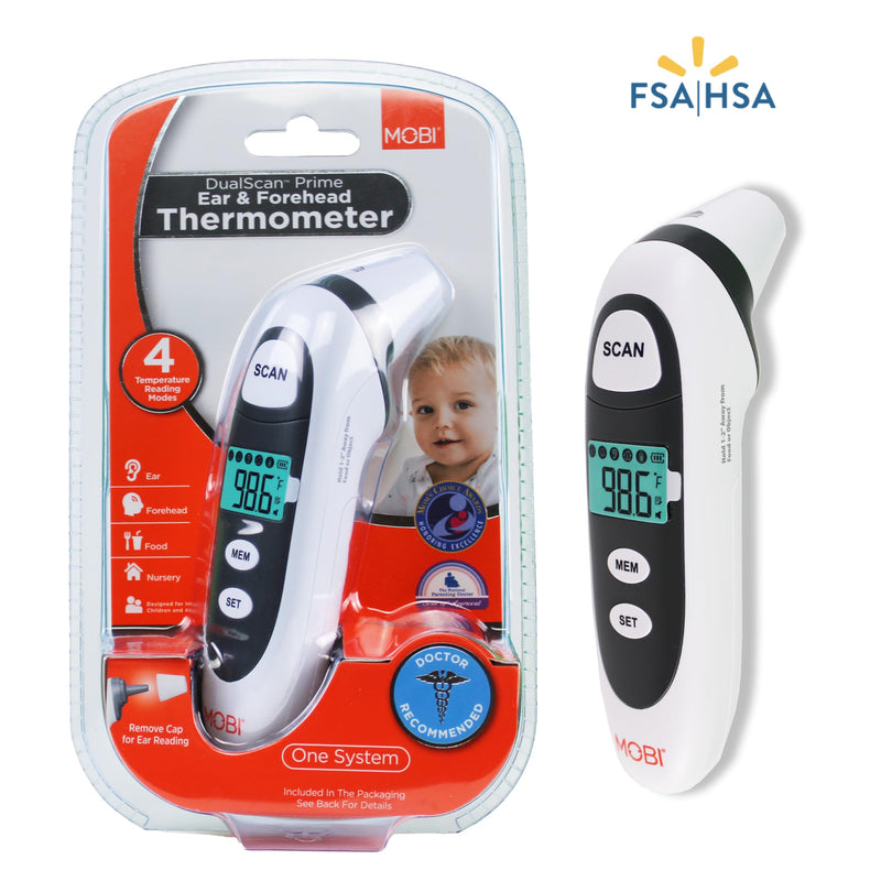 MOBI DualScan Prime Ear & Forehead Thermometer for Baby, Kids & Adults, Digital Infrared, Food & Bottle & Room Mode, 1‑Second Reading, Memory Recall
