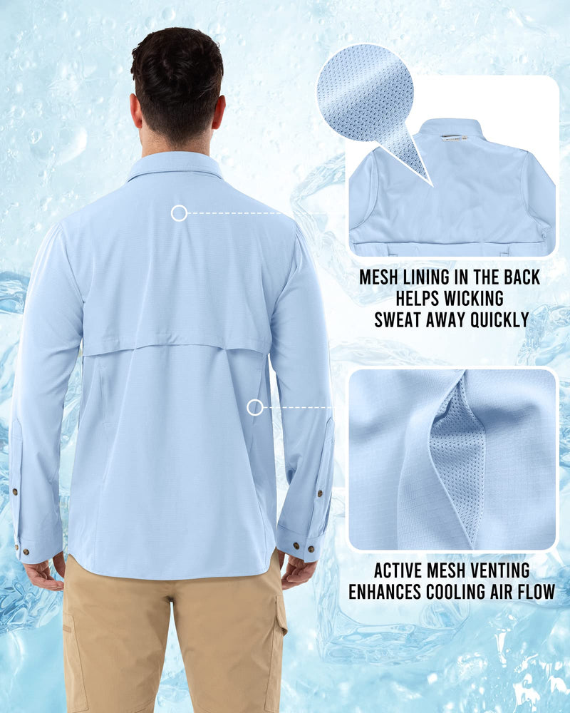 Outdoor Ventures Men's Long Sleeve Hiking Shirt UPF 50 UV Sun Protection Shirt Cooling Quick Dry for Travel Fishing Safari Large Light Blue