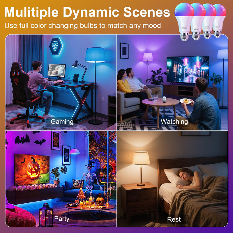 FRIDEKO HOME Smart Light Bulbs - Led Dimmible Color Changing Light Bulb for Home Works with Bluetooth Music Sync - A19 RGB Lightbulb for E26 Base with APP Control & Timer (4 Pack) Bluetooth-4Pack