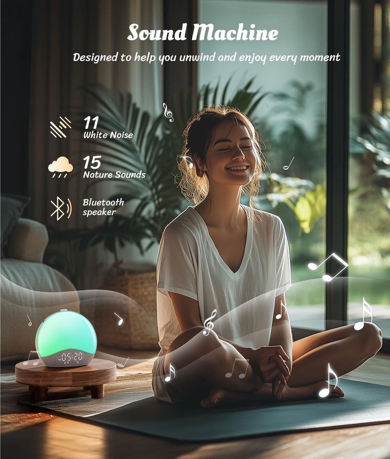 ecozy Sunrise Alarm Clock, White Noise Sound Machine, Alarm Clock for Bedrooms, 26 Soothing Sounds, 17 Night Lights, Bluetooth Speaker, Sunrise Wake-Up Light for Heavy Sleepers, Adults, Kids Grey & White