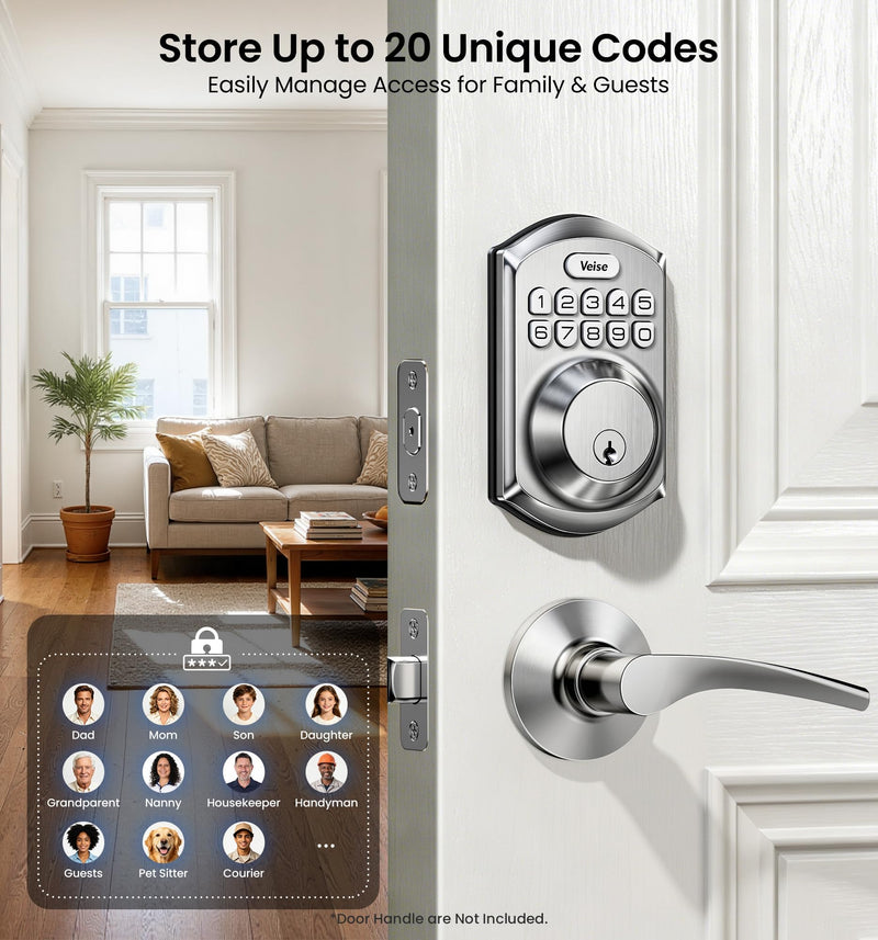 Veise VE001 Keyless Entry Door Lock with Keypad, Electronic Keypad Deadbolt for Front Door, 20 User Codes & One-Time Passcode, Auto Lock, IP55 Waterproof, Easy Installation for Home Apartment Rental Satin Nickel