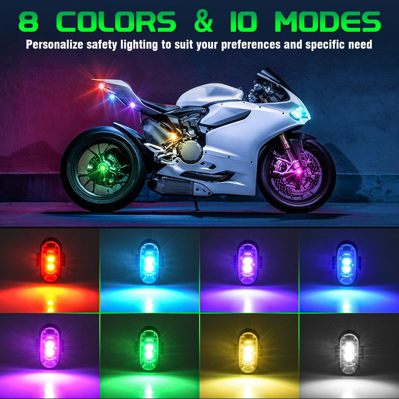 Wireless RGB LED Aircraft Strobe Lights with Remote Control, 8 Colors 10 Flash Modes USB Charging Anti-Collision Lights Waterproof Emergency Warning Light for Drone Car Motorcycle Bike 8 Pcs 8Pcs