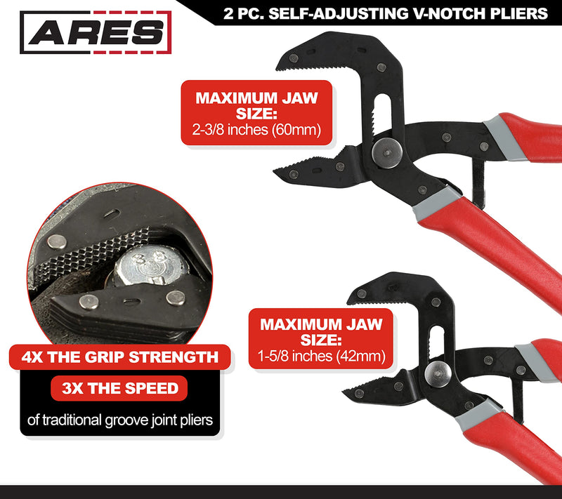 ARES 51009 – 2-Piece Self-Adjusting V-Notch Pliers Set – 7-Inch and 10-Inch Pliers - Maximum Opening Sizes of 1-5/8 Inches (42mm) and 2-3/8 Inches (60mm) – Perfect for Plumbing, Pipe, or Fastener Work 7-inch & 10-inch V-notch Pliers (2-piece)