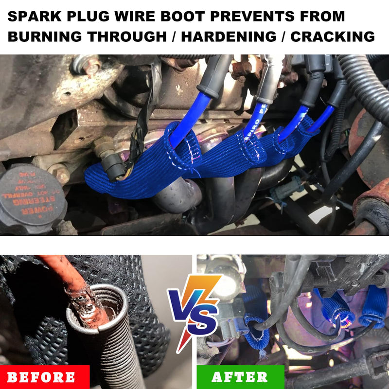 8 PCS Spark Plug Wire Boots, 6 Inch 1200° Automotive Heat Shield Thermal Protection Insulator Sleeve Cover, Fireproof Spark Plugs Protect Boot Replacement, Car Accessories (Blue) Blue