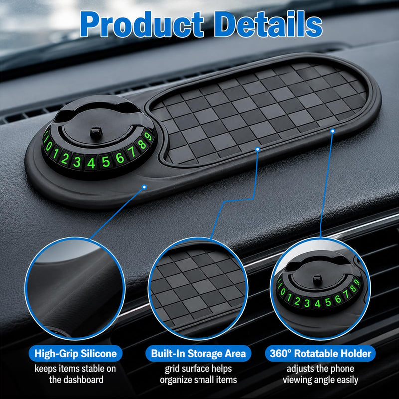 Universal Anti Slip Car Dashboard Mat with 360° Rotating Phone Holder | Multifunction Car Anti-Slip Mat with Temporary Parking Number,dashboard grip pad For Phones Sunglasses Keys(Black Gray)