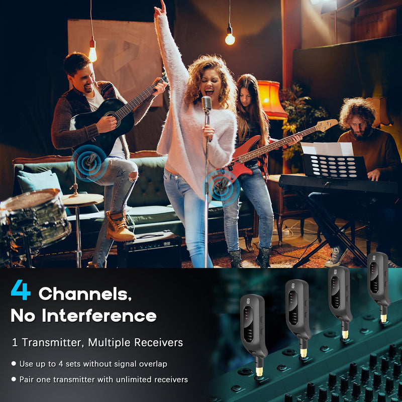 5.8GHz Wireless Guitar Audio System - Rechargeable Transmitter and Receiver with 4 Channels, Low Latency and Over 164ft Long Range Transmission, Compatible Guitar Bass Electric Instruments