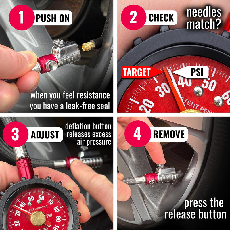 SKÖG Dual-Needle Tire Pressure Gauge 100 PSI | Leak-Free RatchetSeal Patented Quick-Connect | Cars, Trucks, Motorcycles, Bicycles | Battery Free Locking Chuck Tire Gauge 1 Pack