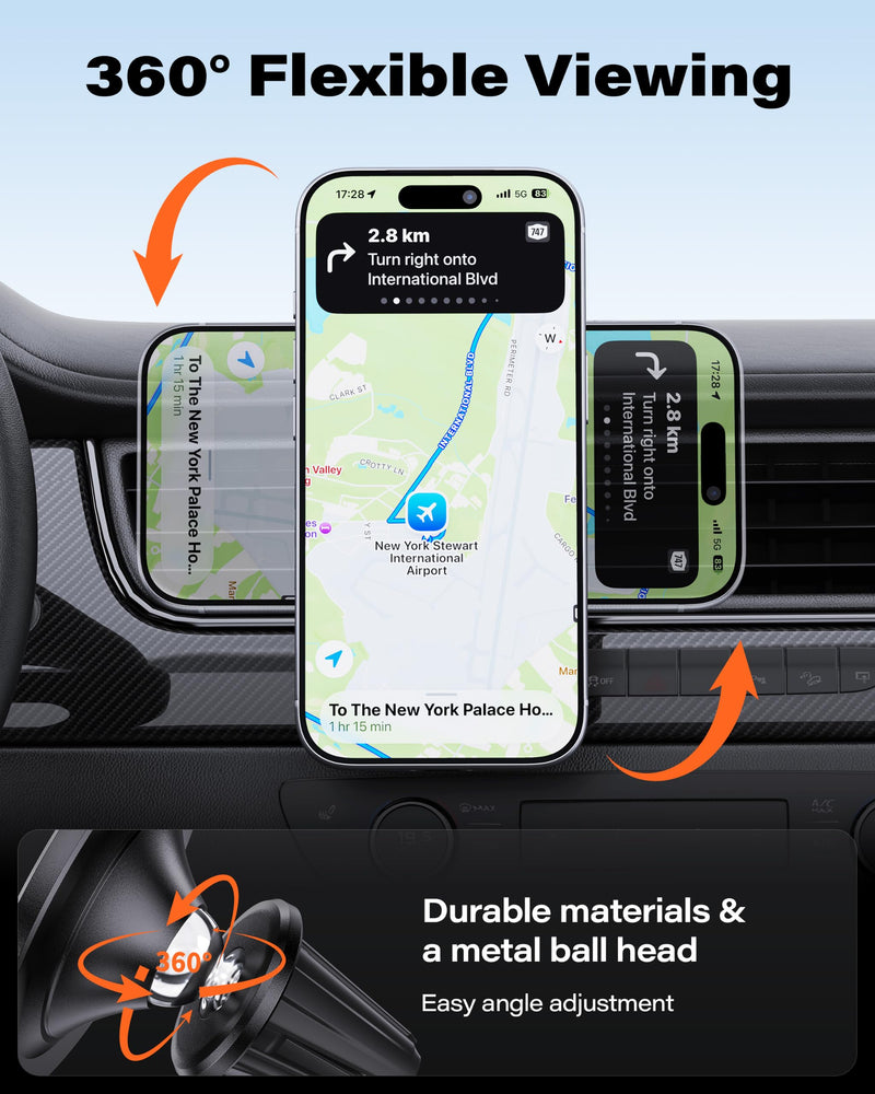 A2C for MagSafe Car Mount, One-Piece Magnetic Phone Holder for Car Vent | No Assembly,17 N54 Magnets,Silicone-Coated Metal Clips,One-Hand Operation,360°Adjustable Vent Phone Holder for Magsafe iPhone 1 Pack