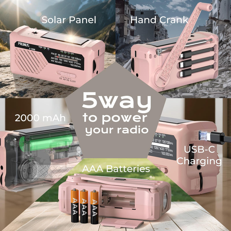 PRUNUS J-366 Emergency Radio with 3 Charging Cables, NOAA Weather Alert | 7400mWh/Solar/Hand Crank/USB-C Charging, Battery Operated, WB/AM/FM, SOS Alarm, Flashlight, Compact for Bag, NOAA Radio Pink