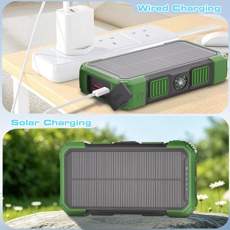 Solar Charger Power Bank 20000mAh, 22.5W Fast Charging Portable Charger with Built-in Cables, USB-C Battery Pack, Dual LED Flashlight, Compatible with iPhone & Android for Camping, Hiking, Emergency Green