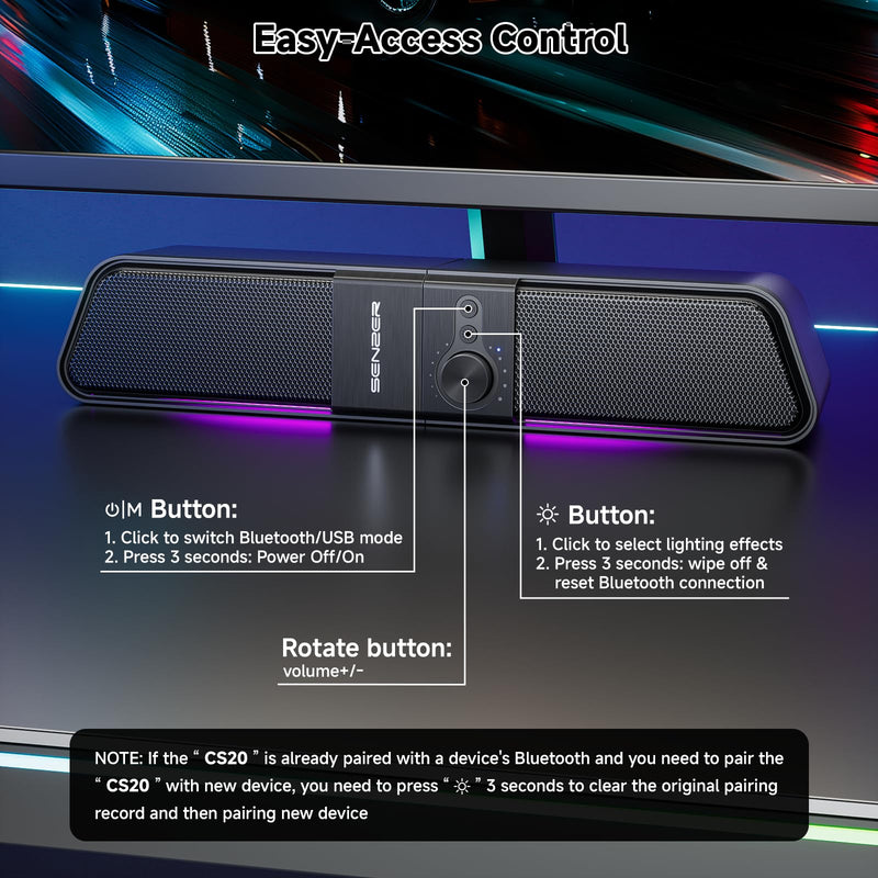 SENZER CS20 2 in 1 Bluetooth Computer Speakers for Desktop, USB Plug & Play Clear Sound PC Speakers with RGB Light, Monitor Sound Bar with Volume Knob, Gaming Speaker for PC Laptop Phone Tablet Black
