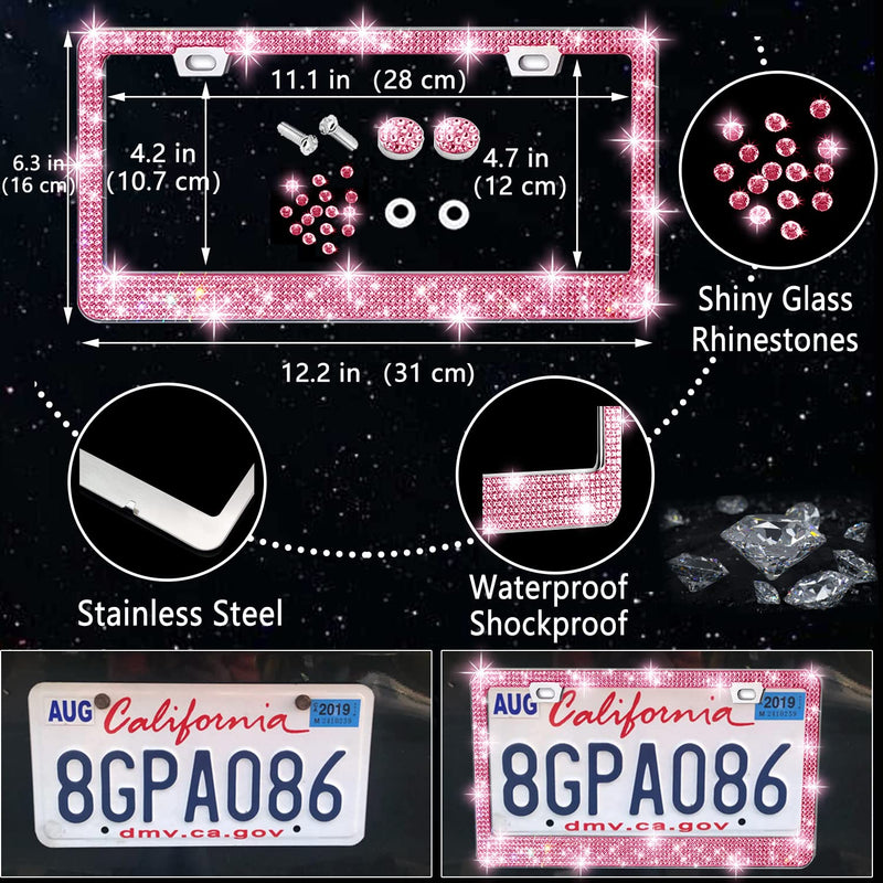 NBTEPEM 27-Piece Bling Car Accessories Set - Universal Fit Steering Wheel Covers, License Plate Frames, Phone Holder, Car Fast Charger, Coasters (Pink) Pink Diamond