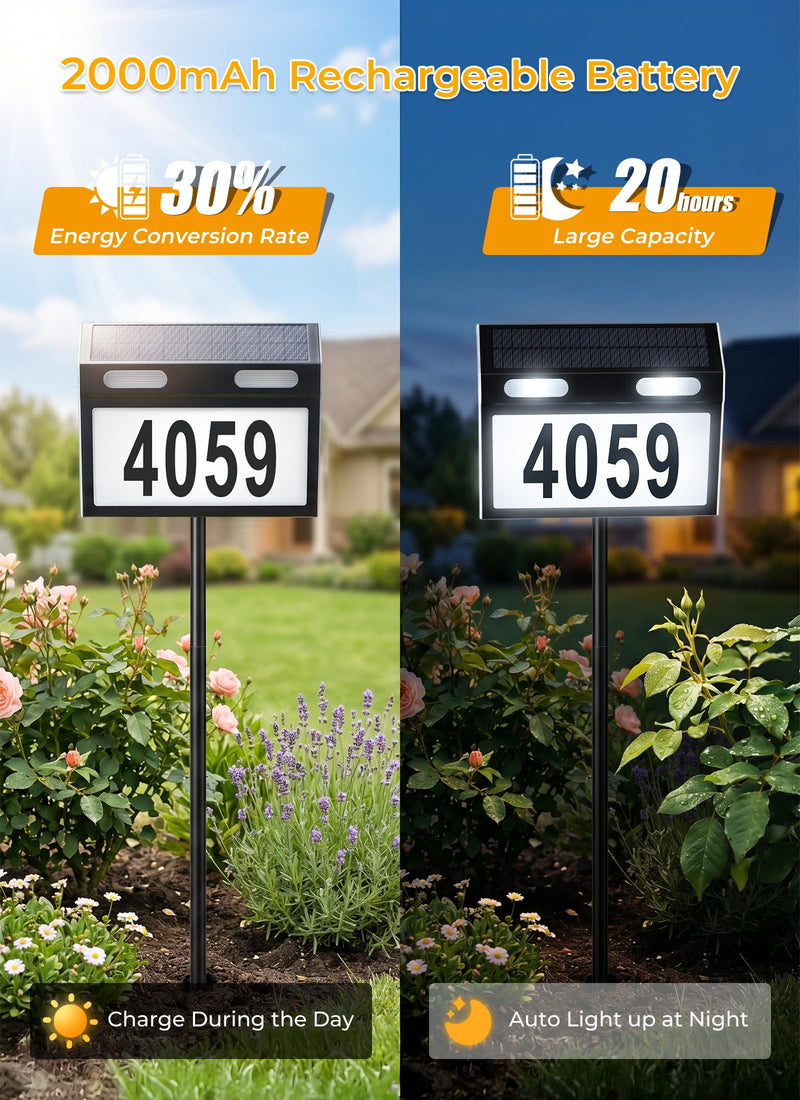 Brightown Solar House Number for Outside Address Signs - Stainless Steel Shell & Pole 3 Colors Waterproof Wall Mounted/In-Ground - Solar Powered Address Plaque for Yard Garden Home (Black) Black