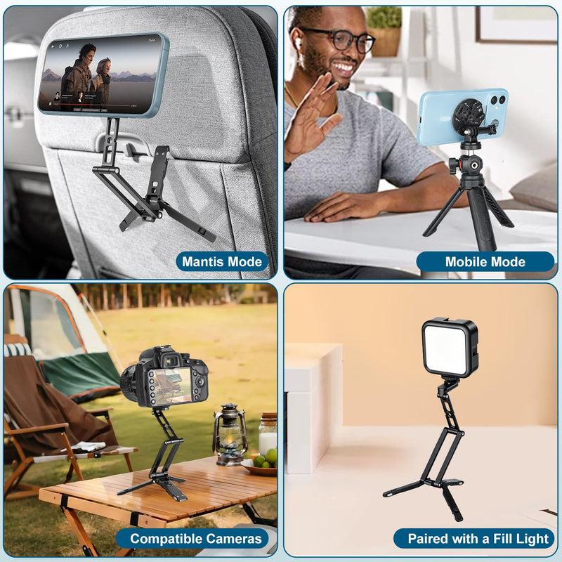 Koolehaoda Magnetic Phone Tripod for MagSafe Foldable Pocket Camera Stand | Aluminum Mini Tripod with Detachable N52 Magnetic Disc Featuring Cold Shoe and Action Camera Mount for Travel Vlog