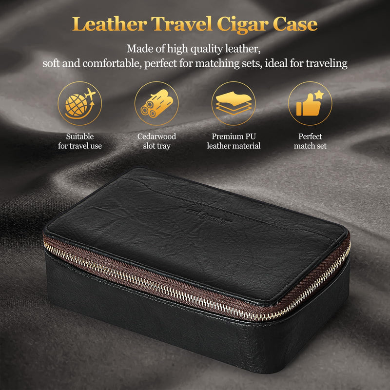 Cigar Humidor, Leather Travel Cigar Case, Portable Cigar Box with Cigar Draw Enhancer and Multifunction Cigar Cutter, Cigar Accessories Gift Set (Black) Black
