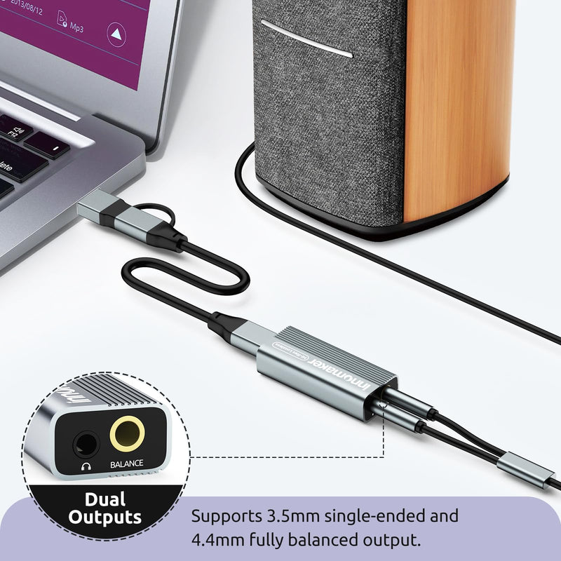 Portable USB HiFi Sound Card/Headphone Amplifier/Desktop USB HIFI Amps with 4.4mm and 3.5mm Dual Outputs Supports PCM 384kHz/DSD256 High Resolution Lossless for Android/Linux/Windows Devices