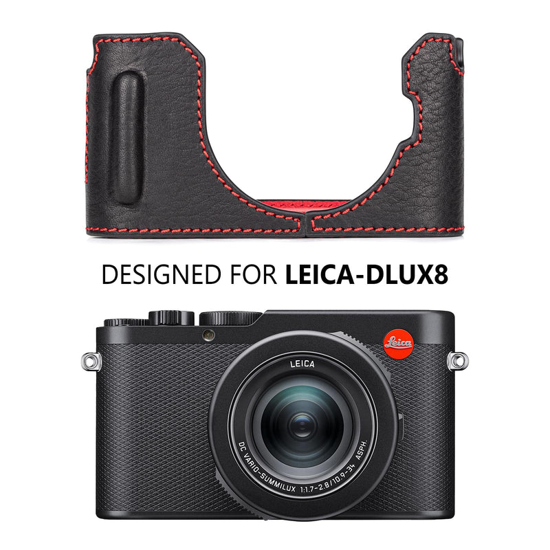 MUZIRI KINOKOO Case for Leica D-LUX 8 Camera - Retro Style Genuine Leather Half Protective Case for Leica D LUX 8/ D-LUX8 Camera - with Opening Bottom and Hand Grip Design - Black Red Black and Red