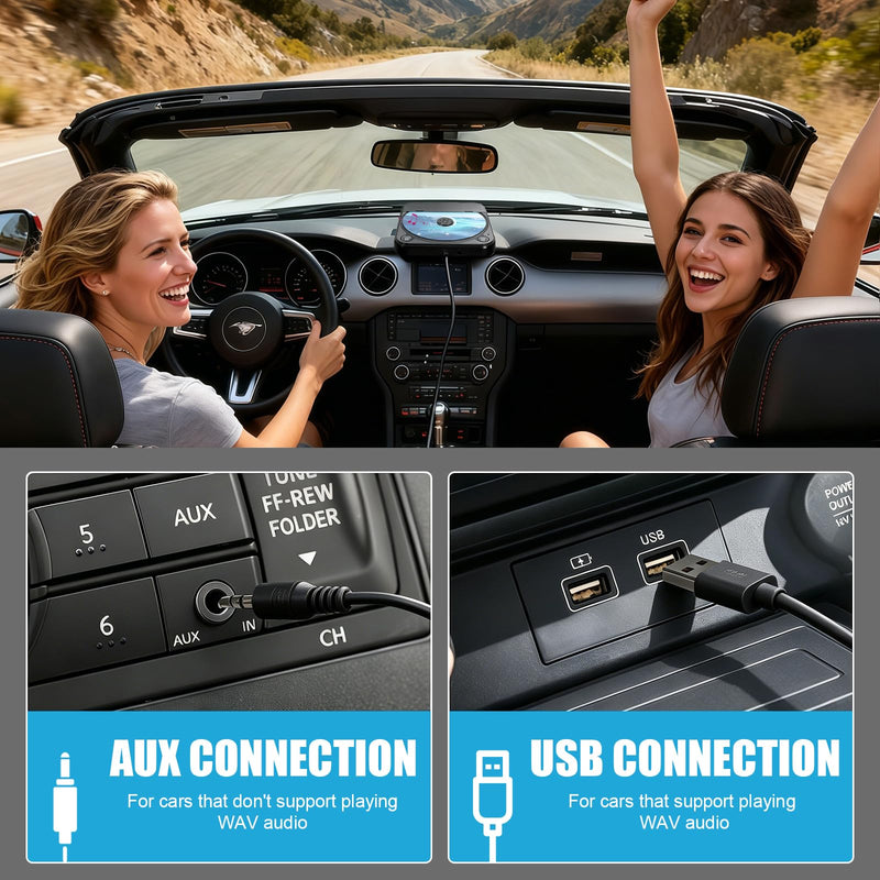 Portable CD Player for Car, External Car CD Player (Black) | USB Plug and Play, AUX Port, USB Extension Cable, Personal CD Players for Laptop/Computer/TV Black