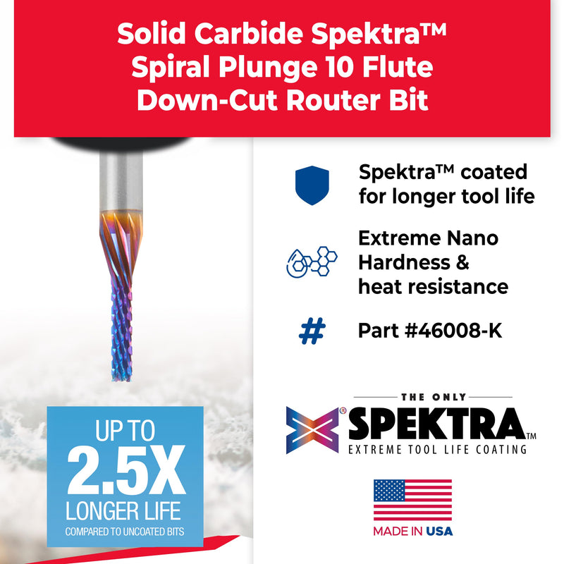 Amana Tool Spektra Coated Solid Carbide CNC Carbon Graphite Carbon Fiber Panel Cutting Router Bit Down-Cut, 46008-K, 1/8 D x 1/2 CH x 1/4 Shk x 2 L 1/8 inch x 2 inches