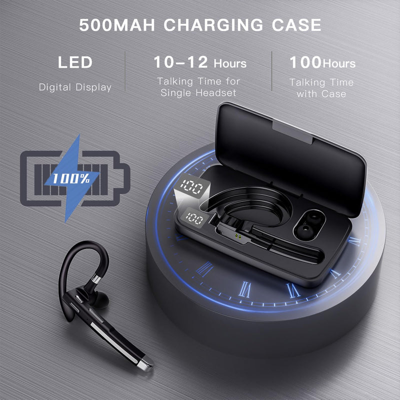 Bluetooth Headset Noise Canceling,Wireless Earpiece with Mic for Work | Bluetooth 6.1,100H Playtime,500mAh Charging Case,Hand-Free Calling with Mute Button for Business,Trucker,Office,Driving Metallic Charcoal Black