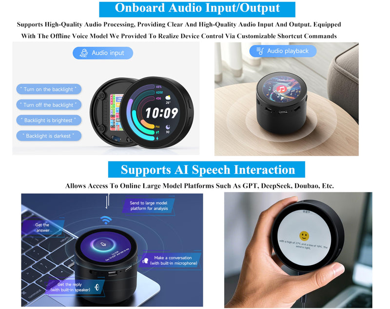 ESP32-S3 with 1.85inch Touch Round LCD Development Board, 360x360, Support W-i-Fi & BLE 5, Smart Speaker Box, AI Speech, Supports AI Speech Interaction and Offline Voice Control