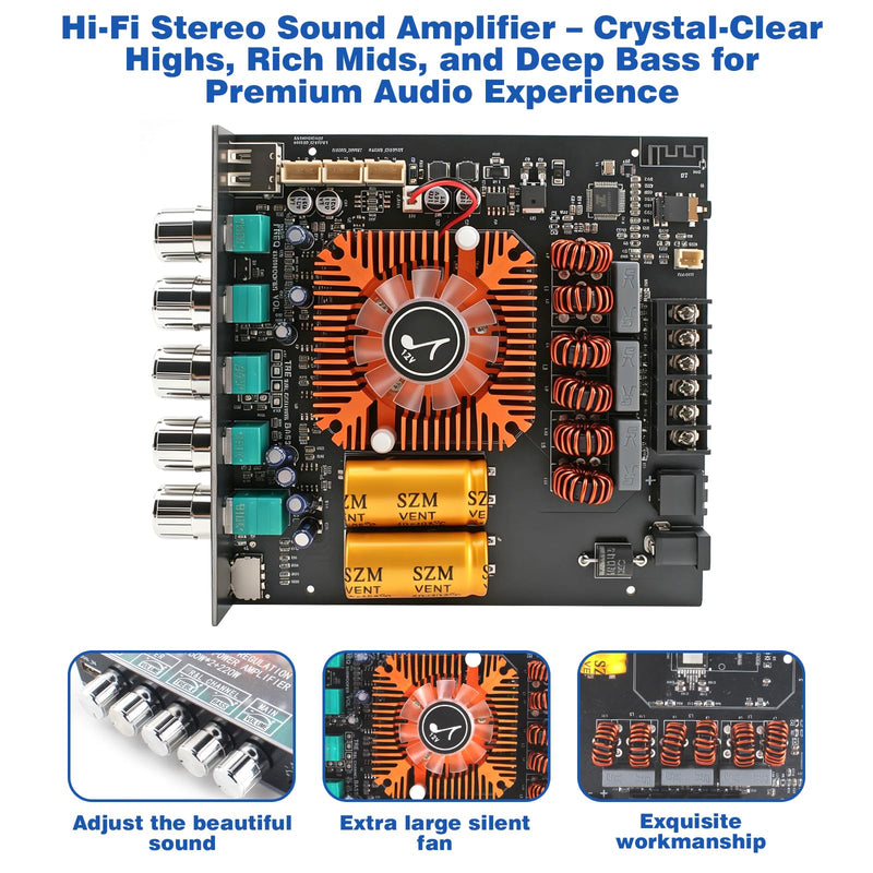 540W 2.1-Channel Mini Bluetooth Amplifier Board – 160W×2 + 220W Subwoofer, with TWS, FM/USB/AUX, IR Remote, DC15-36V, Deep Bass for DIY Speakers & Home Audio Black